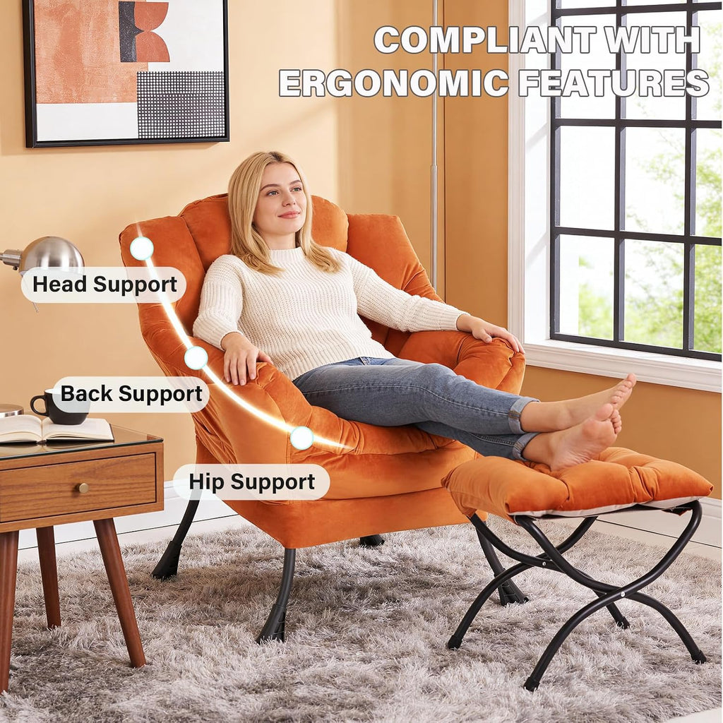 MBOOYOME Lazy Chair with Folding Ottoman, Modern Accent Armchair with Armrests, Side Pocket & Foldable Footstool, Reading Chair for Living Room, Bedroom, Dorm & Office, Velvet Orange