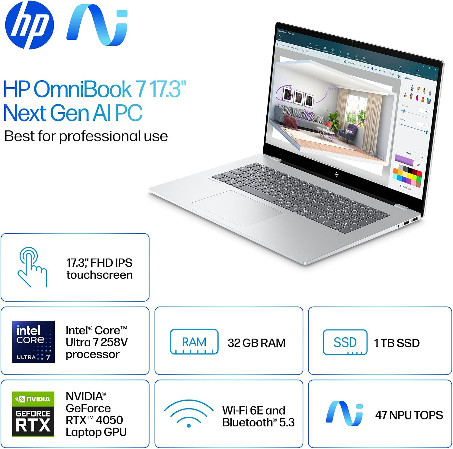 HP OmniBook 7 17.3' (Next Gen Envy17) AI Copilot PC Touchscreen Gaming Laptop, GeForce RTX 4050, Intel Evo 8-Core Ultra 7 258V(>Ultra 9 185H), 5MP Webcam, W/512GB PSD&Stylus, Win11 PRO(32GB|1TB SSD)