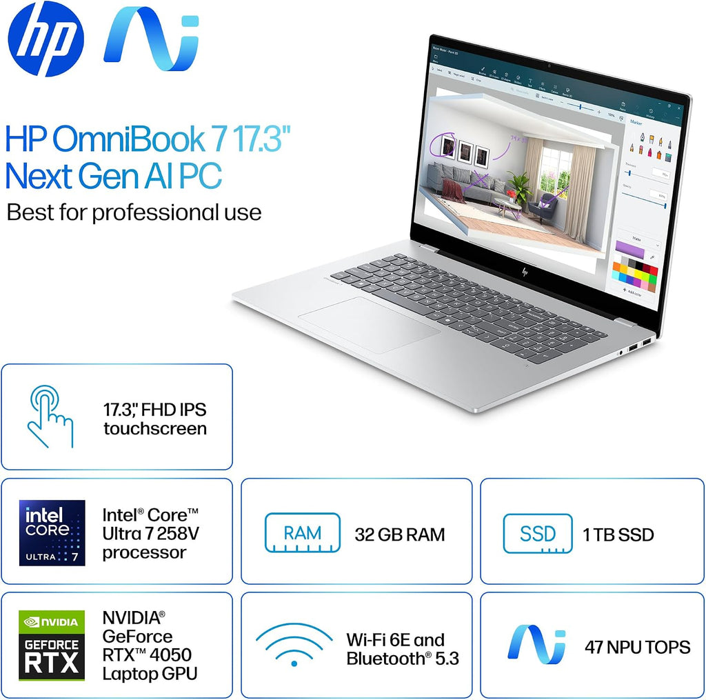HP OmniBook 7 17.3'(Next Gen Envy17) Touchscreen Business Laptop, GeForce RTX 4050, Intel Evo Core Ultra 7 Series 2 258V(>Ultra 9 185H), Copilot+ AI, Backlit KB, W/Stylus, Win11 Home(32GB|1TB SSD)