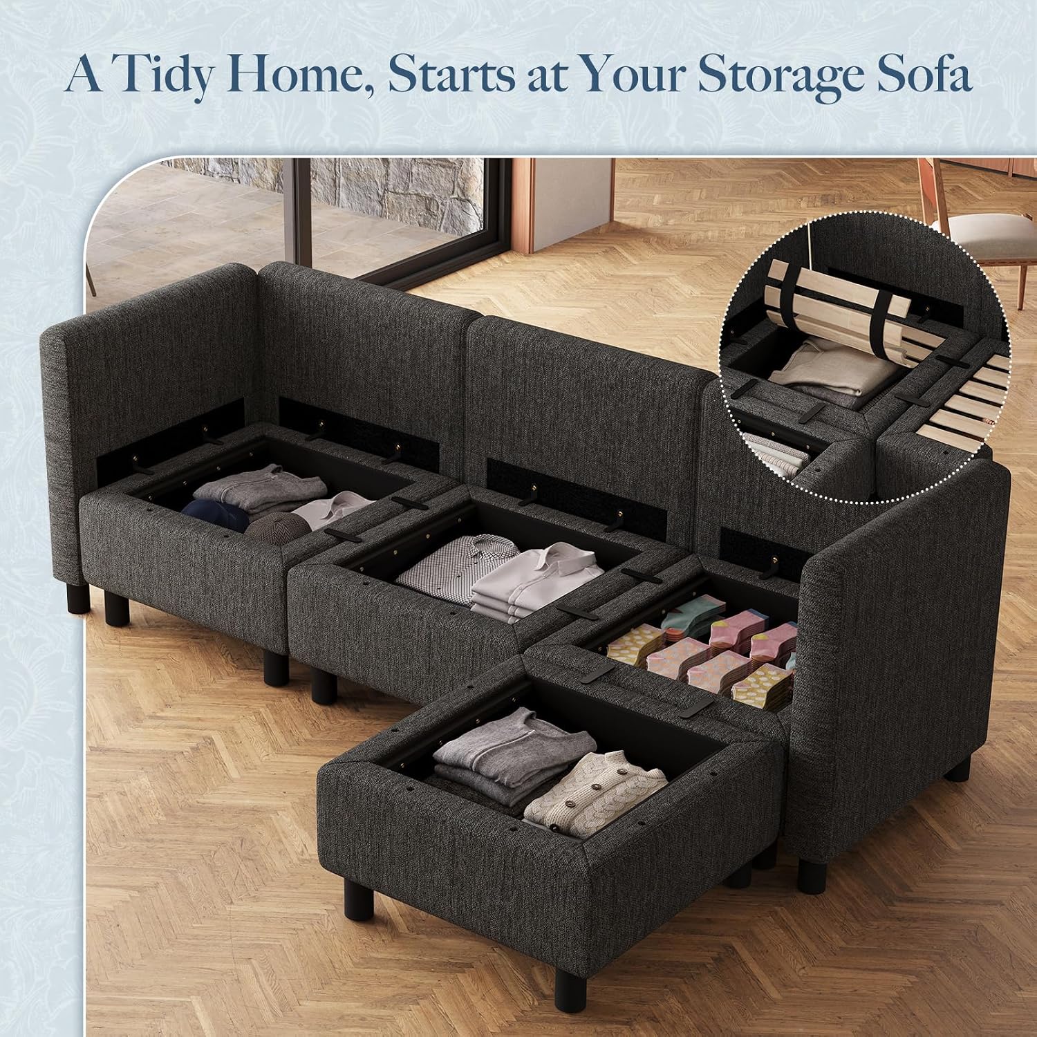 Belffin 84.3' 4 Seats L Shaped Couch Modular Sectional Sofa Washable Sectional Couches for Living Room Comfy Couches with Storage Seat Couch Sofas with Chaise,Dark Grey