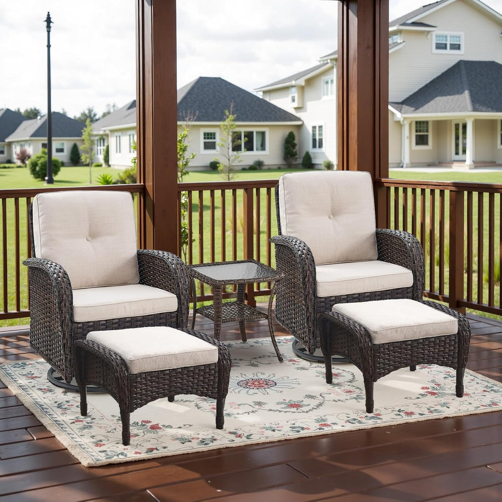Belord 5 Piece Swivel Rocker Glider Outdoor Chairs Set of 2 with Ottoman and Glass Side Table Patio Bistro Furniture Set, Comfort High Back Wicker Patio Conversation Set for Deck Porch Sunroom