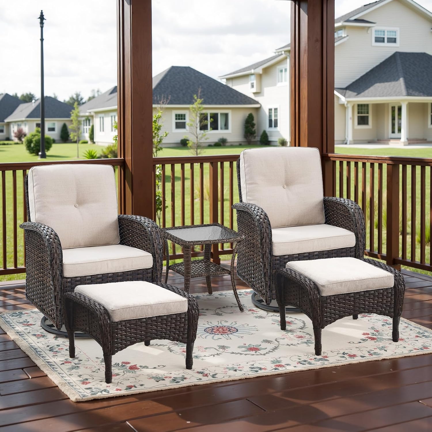 Belord 5 Piece Swivel Rocker Glider Outdoor Chairs Set of 2 with Ottoman and Glass Side Table Patio Bistro Furniture Set, Comfort High Back Wicker Patio Conversation Set for Deck Porch Sunroom