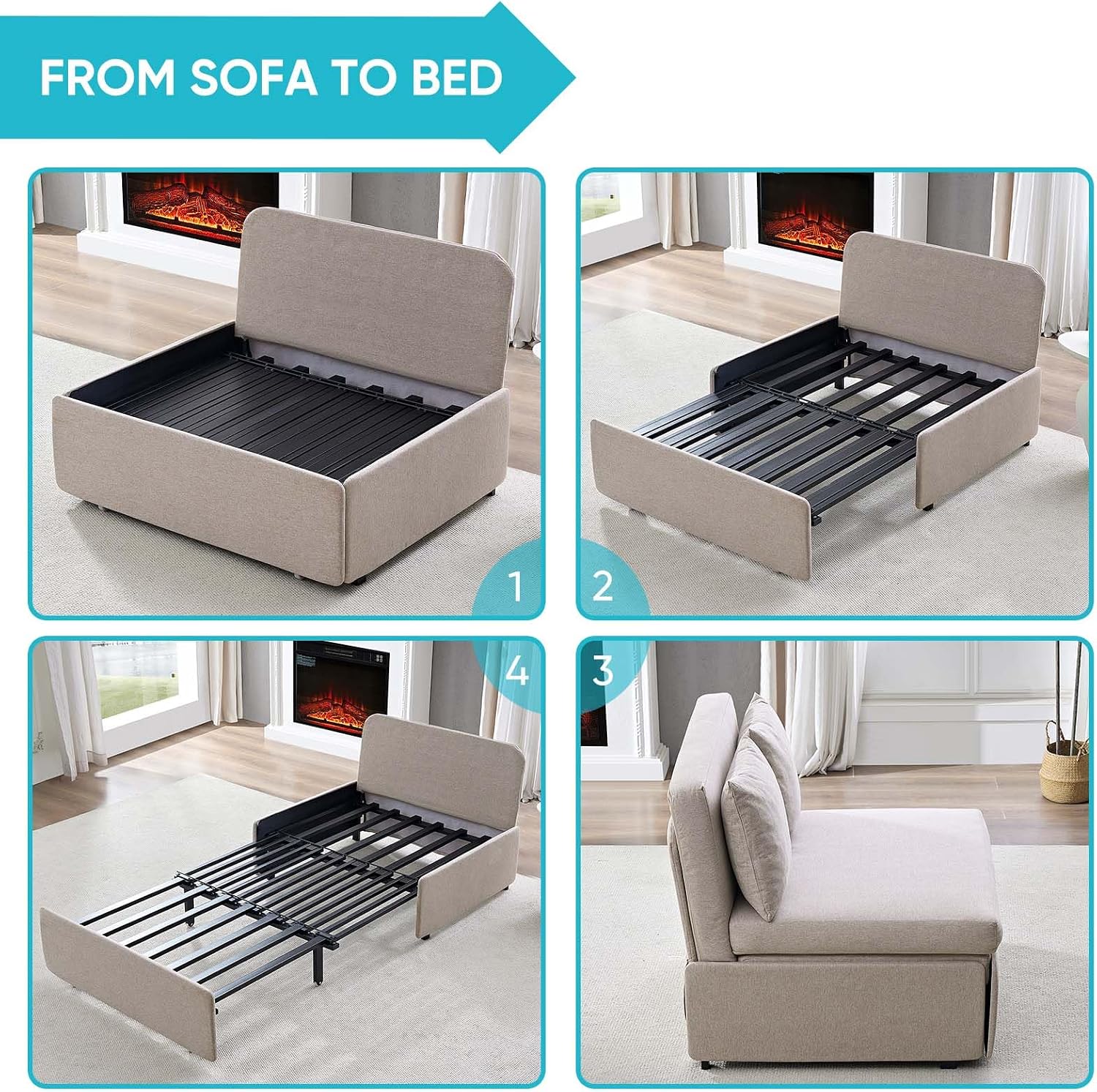 CECER 43.3' Twin Size Pull Out Sofa Bed, Pull Out Couch Bed with 2 Pillows, Linen Convertible Sleeper Sofa with Foldable Mattress, 2 in 1 Armless Sleeper Sofa for Living Room (Beige)