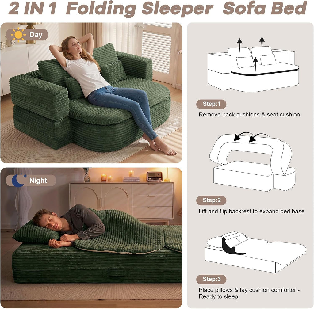 75'' Folding Sleeper Sofa Bed, Convertible Memory Foam Boneless Couch, Foldable Full Size Guest Bed, Modern 2-in-1 Futon Floor Sleeper Sofa with 4 Pillows and Blanket (Corduroy, Green)