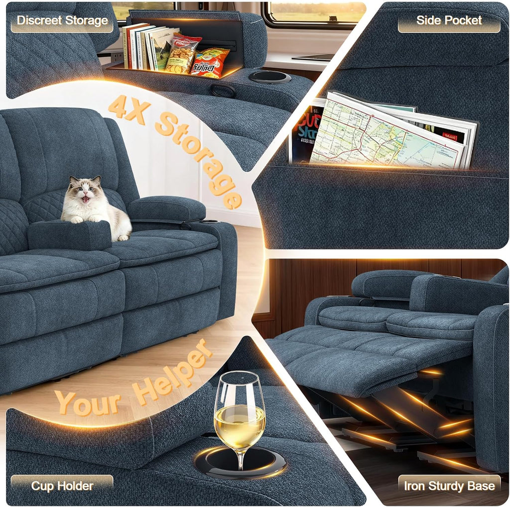 RV Loveseat Recliner Wall Hugger, Manual RV Reclining Loveseat with Removable Armrest, 3X Adjustable Theater Wall Hugger Loveseat Recliners with USB Ports, Cup Holders, Multi-Storage (Fabric,Blue)
