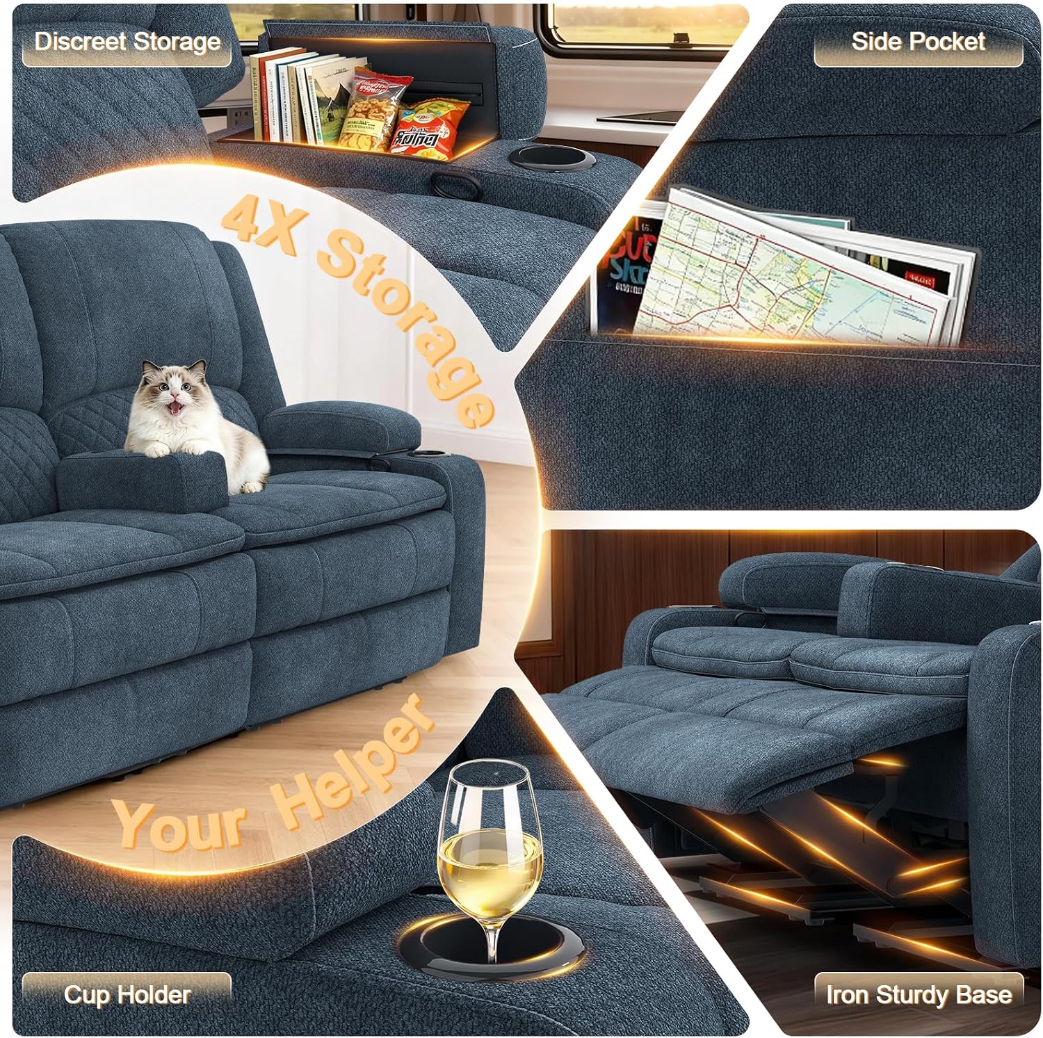 RV Loveseat Recliner Wall Hugger, Manual RV Reclining Loveseat with Removable Armrest, 3X Adjustable Theater Wall Hugger Loveseat Recliners with USB Ports, Cup Holders, Multi-Storage (Fabric,Blue)
