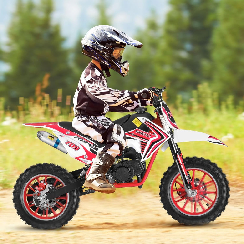 50cc Kids Dirt Bike | Gas Powered Mini Motorcycle for Ages 8-14 with 10' Off-Road Tires & Front-Rear Disc Brakes Red C