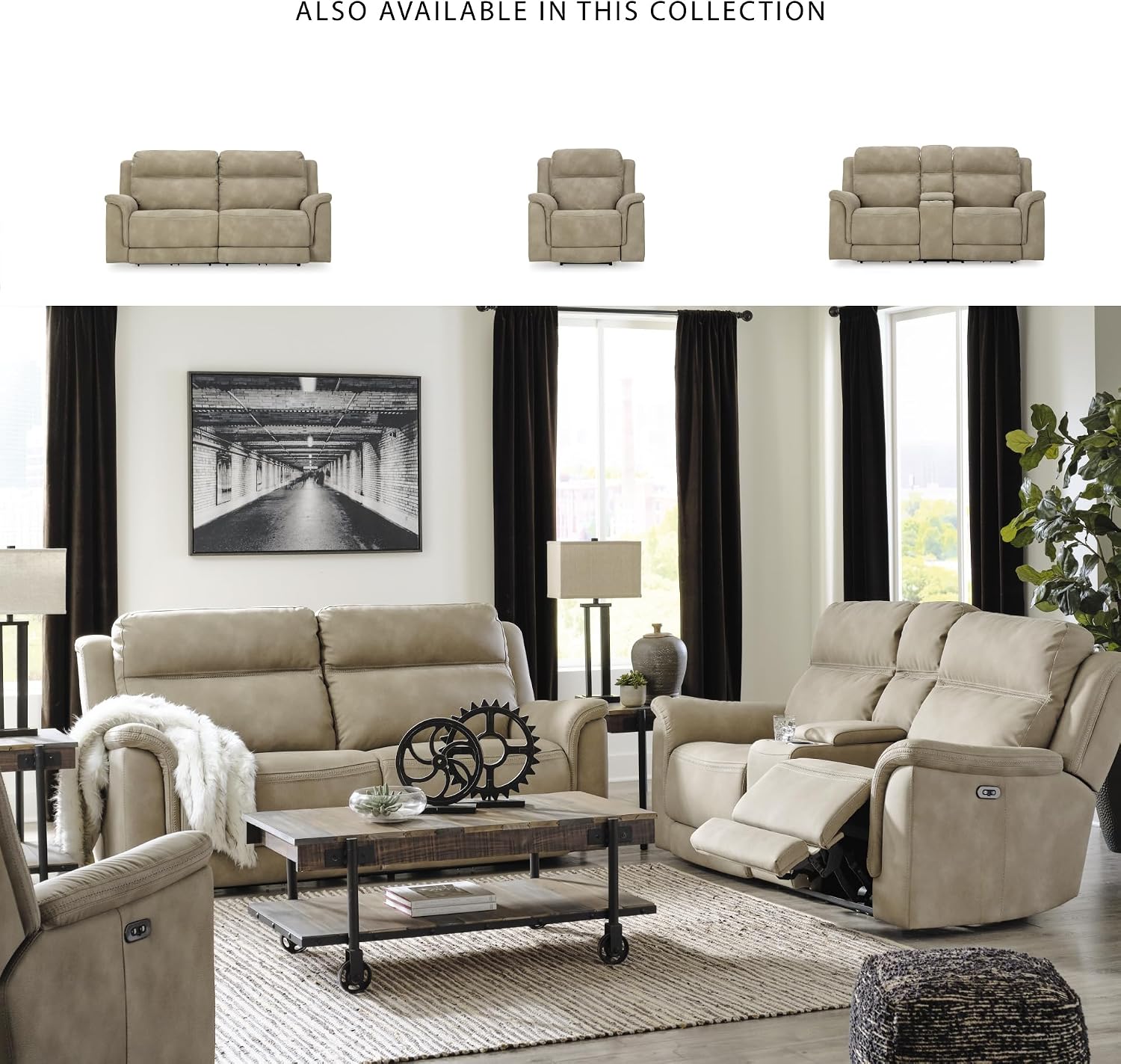 Signature Design by Ashley Next-Gen DuraPella Power Reclining Sofa with Adjustable Headrest, USB, Extended Ottoman, Faux Leather, 80' W x 42' D x 42' H, Beige Sand