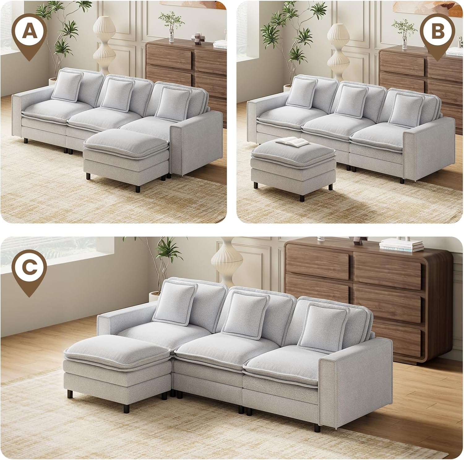MALOL Modular Sectional Sofa 107', Comfy Cloud Couch with Ottoman, Deep 4-Seat L Shaped Modular Sofa, Couches with Throw Pillows for Living Room, Light Grey