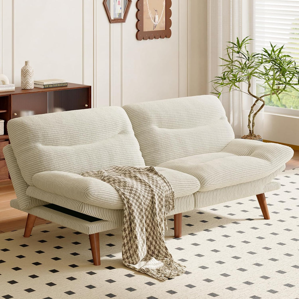 AMADA 66'Convertible Futon Sofa Bed, Corduroy Folding Futon Set with Adjustable Backrest &Armrests, Recliner Lounge for Living Room, Apartment or Office, Solid Wood Frame, Loveseat Sofa - Beige White