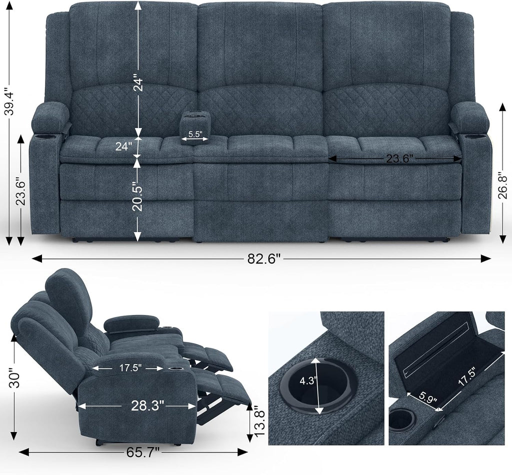 Yolsali 3-Seater Recliner Sofa, Manual Reclining Couch with Multi-Functional Middle Seat, Reclining Sofa for Living Room with Hidden Storage Space, Cup Holders, and Removable Console