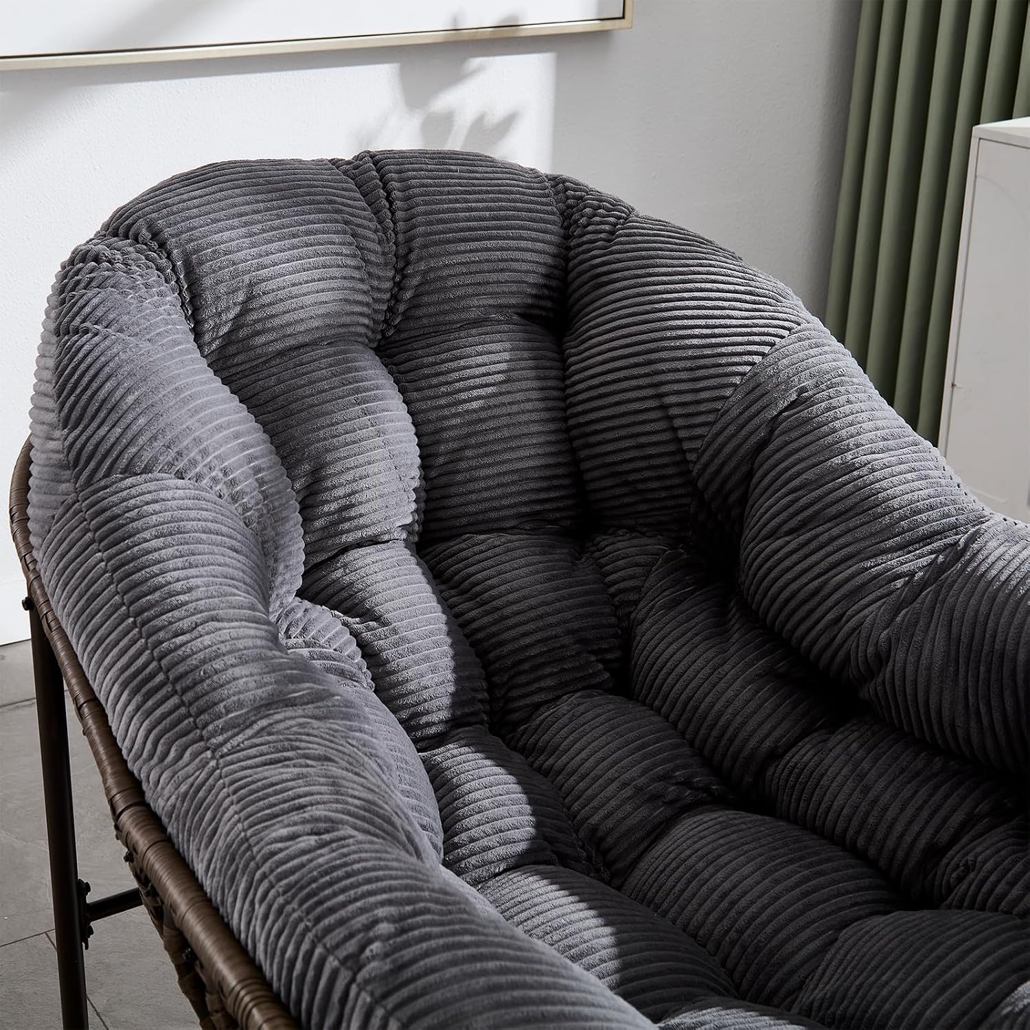 JEEOHEY Papasan Rocking Chairs Outdoor Indoor, Oversized Rattan Rocker Patio Chair with Padded Cushion, Comfy Modern Indoor Egg Chair for Living Room, Bedroom, Porch, Garden, Balcony(Corduroy, Grey)