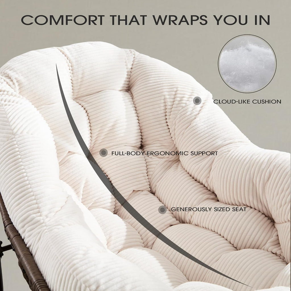 Oversized Papasan Rocking Chair, Indoor & Outdoor Egg Rocker with All-Weather Hand-Woven Rattan & Rust-Proof Steel Frame for Porch, Patio, Living Room (Corduroy, White)