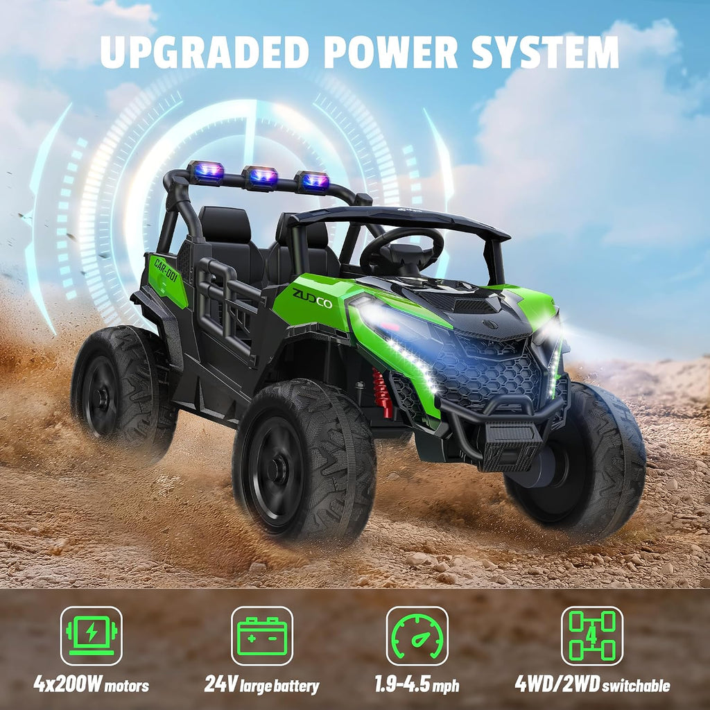 ARBELI 24V 2 Seater Ride on Car Truck 4x200W, EVA Tires, 4WD/2WD, Rainbow Lights, Remote Control, Shock Absorbers, Bluetooth, Ride on Toy for Big Kids Ages 3-8, Green