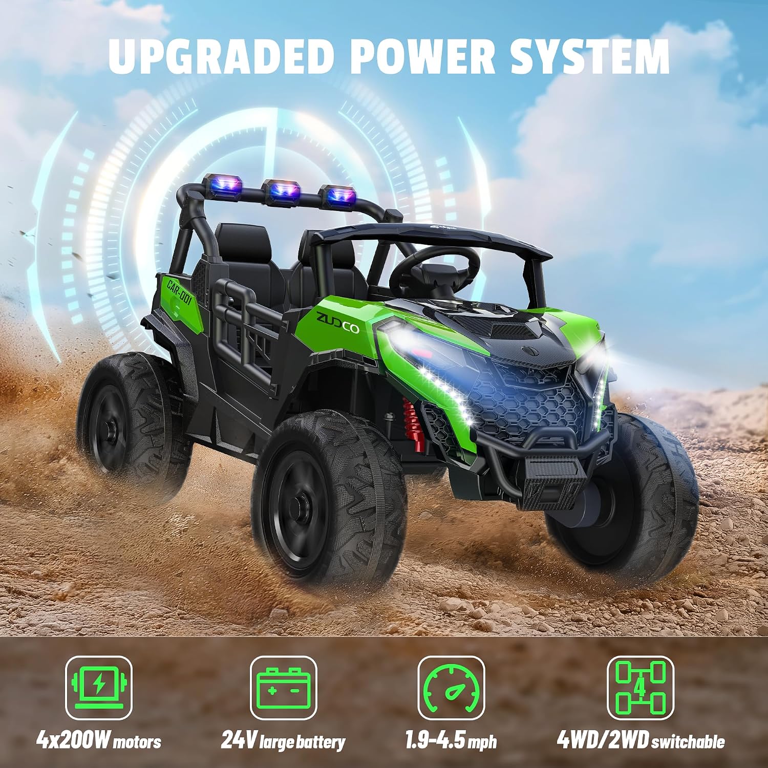 ARBELI 24V 2 Seater Ride on Car Truck 4x200W, EVA Tires, 4WD/2WD, Rainbow Lights, Remote Control, Shock Absorbers, Bluetooth, Ride on Toy for Big Kids Ages 3-8, Green