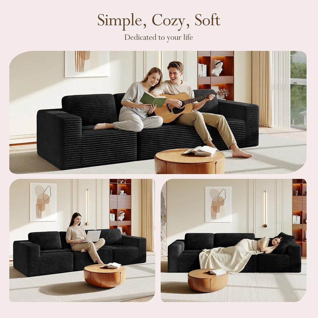 Vesgantti 119' Modular Sectional Sofa, Corduroy Cloud Couch with Deep Seating & Spring Support, 3 Seater Flexible Layout Sofa, Boneless Couch for Living Room & Apartment, No Assembly Required, Black