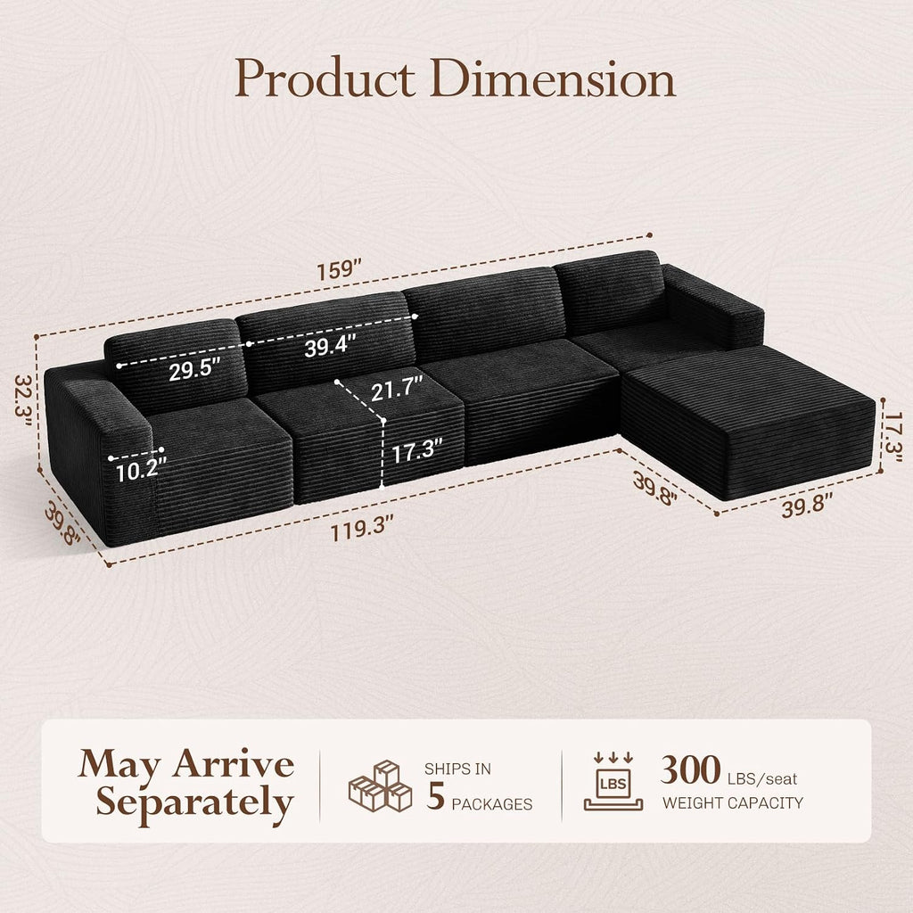 Vesgantti 159' Large Modular Sectional Sofa, L-Shaped Corduroy Cloud Couch with Deep Seats & Spring Support, 4-Seater Boneless Sofa with Movable Ottoman, No Assembly Needed, Black