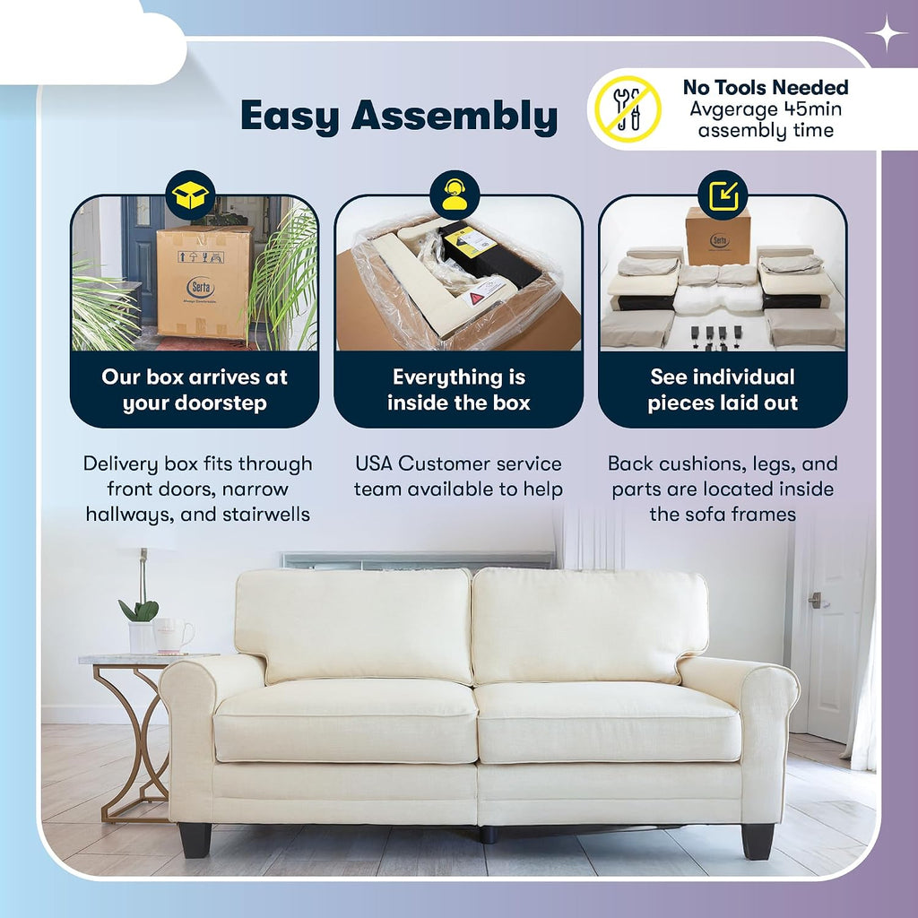 Serta Copenhagen Small Loveseat Sofa, 61 Inch Couch with Rolled Arms, Pocket Coil Seat Cushions, Removable Covers, Easy Care Polyester Upholstery for Living Room, Bedroom or Office, Buckwheat Beige