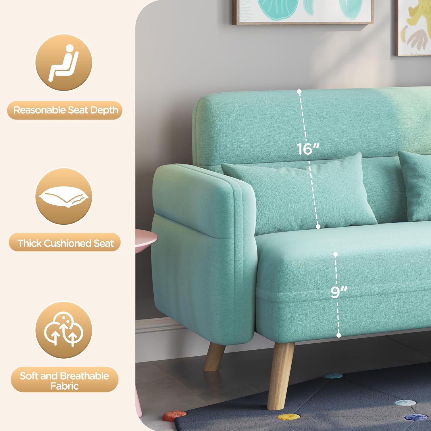 Yaheetech 46' Small Modern Fabric Sofa Loveseat Mid Century 2 Seater Sofa Couch with Lumbar Pillows, Solid Wood Legs for Living Room, Small Space, Dorm, Office, Bedroom, Aquamarine