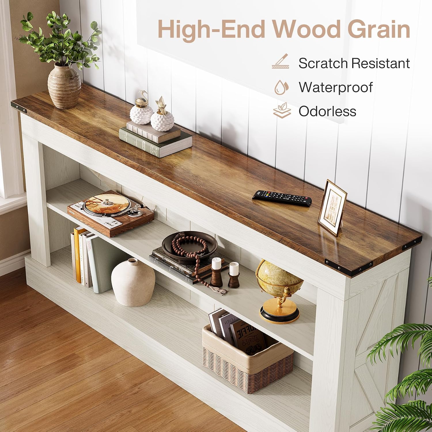 Tribesigns 63-Inch Long Console Table for Entryway, Narrow Long Entry Table with Shelves for Living Room, Farmhouse Sofa Console Behind Couch, for Foyer, Hallway, White and Brown