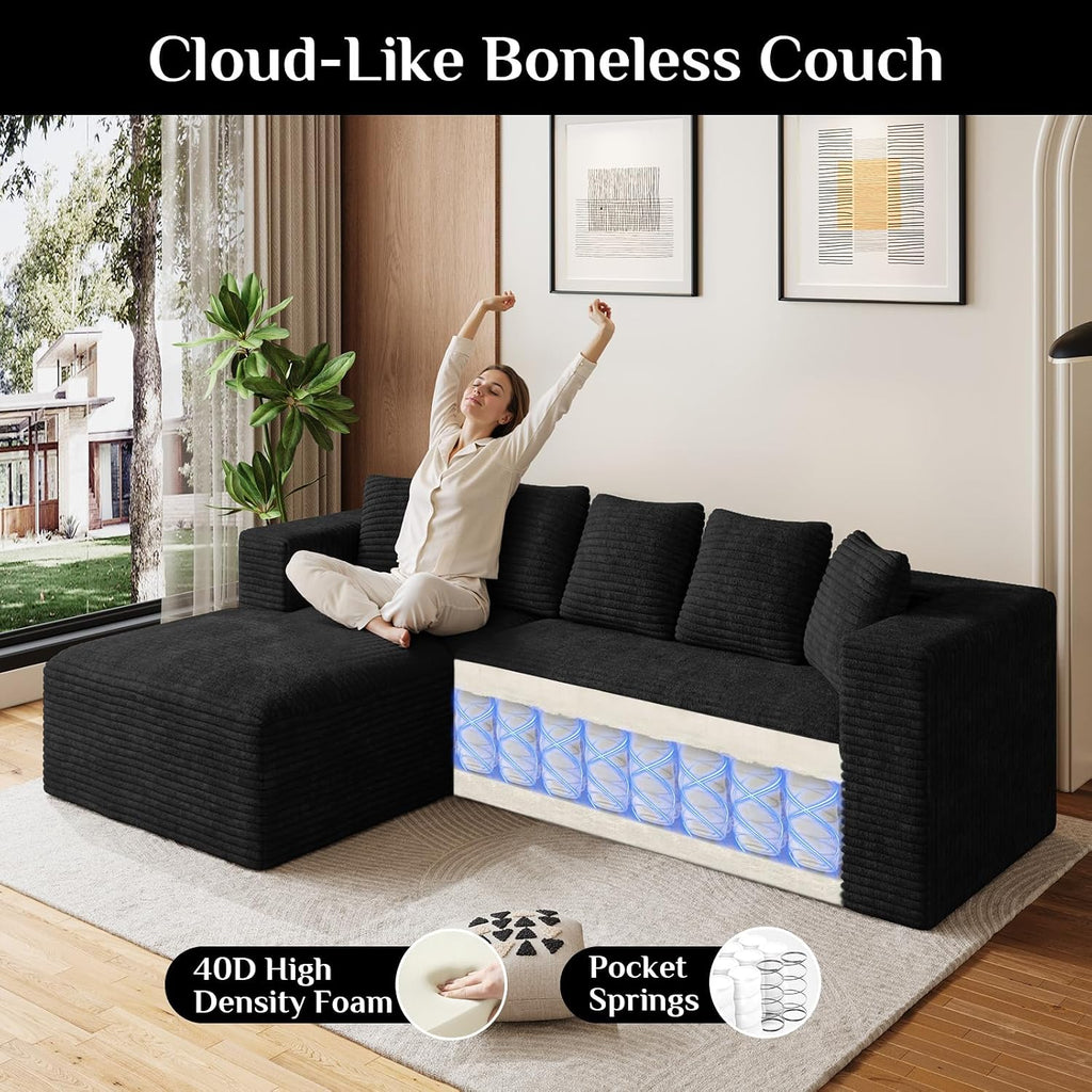 Oversized L Shaped Boneless Sectional Couches for Living Room, 107' Comfy Fluffy Cloud Modular Sectional Sofa, Plush Corduroy Memory Foam Floor Sofa with Left Facing Chaise Couch