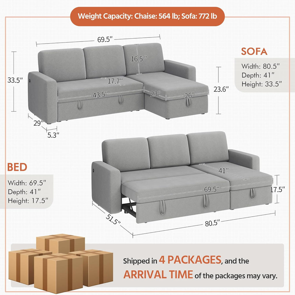 Yaheetech Sectional Sofa L-Shaped Sofa Couch Bed w/Chaise & USB, Reversible Couch Sleeper w/Pull Out Bed & Storage Space Living Room Light Gray