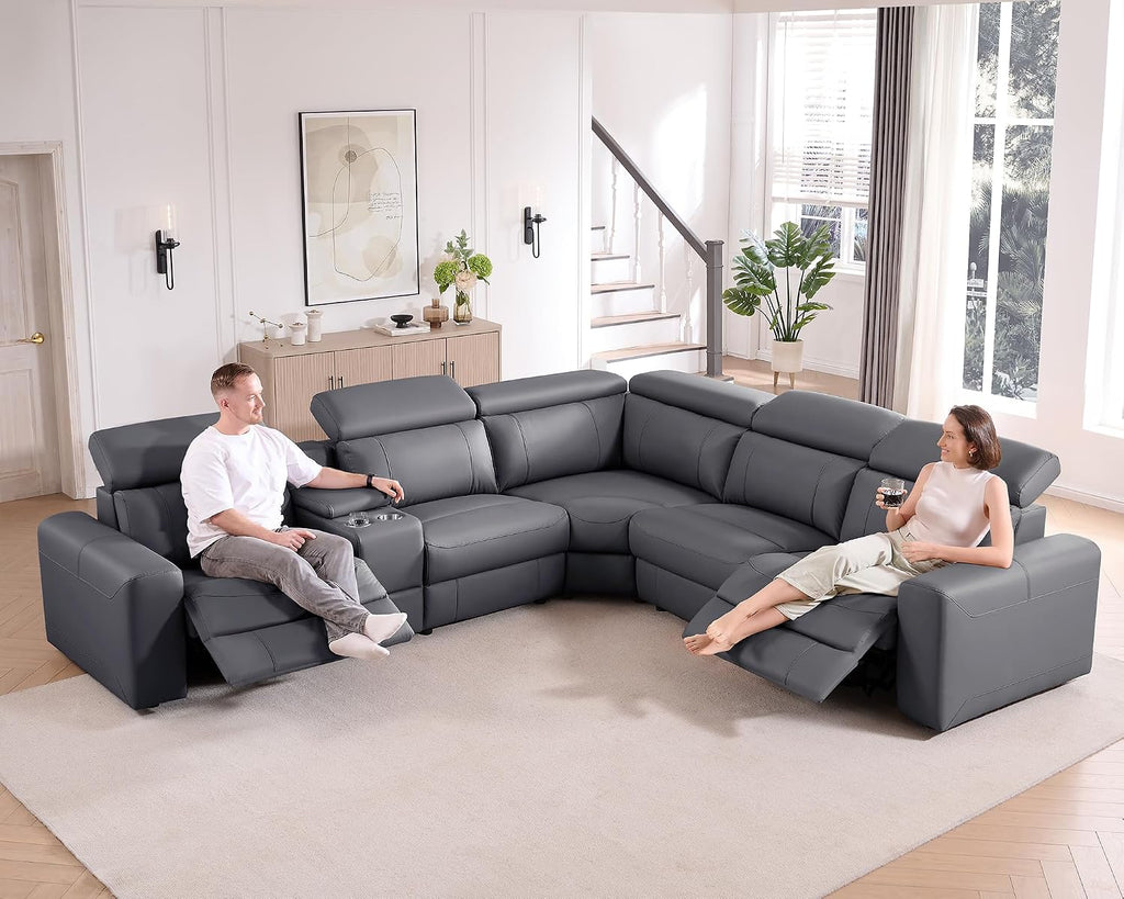 AMERLIFE Power Recliner Sectional Sofa with Storage/USB Port, Leather Recliner Sofa with Adjustable Headrest, Reclining Sectional Couches with Console and Cup Holder for Living Room (Gray, 5-Seater)