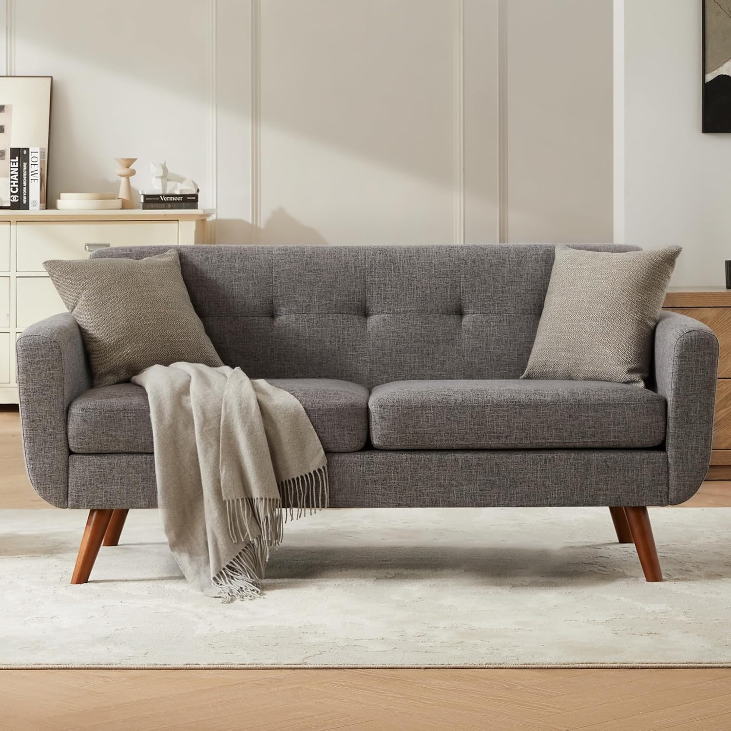 Tbfit 65' W Loveseat Sofa, Mid Century Modern Love Seat Couches for Living Room, Button Tufted Upholstered Small Couch for Bedroom, Solid and Easy to Install Love Seats Furniture, Ash-Colored