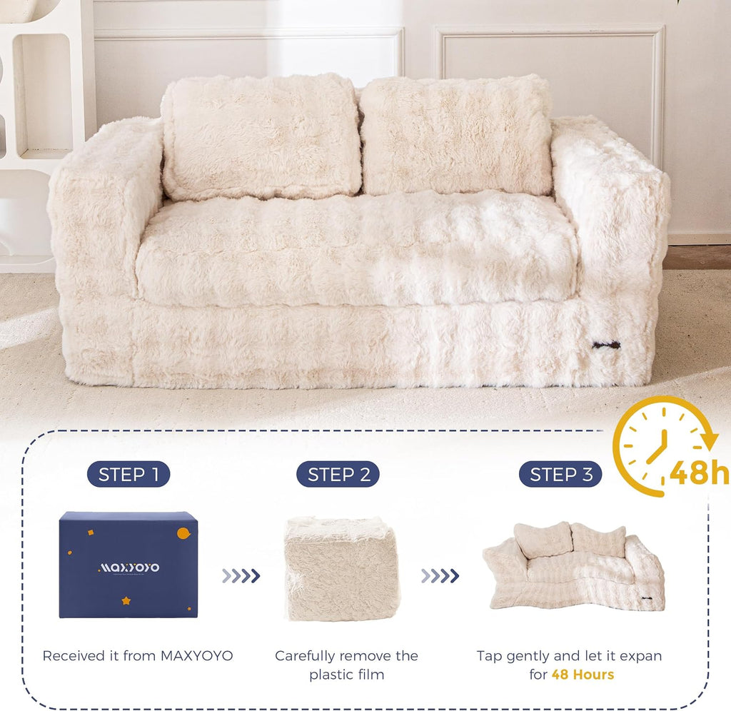 MAXYOYO Loveseat Sofa for Living Room, Small Sofa Couch Tufted Boneless Couch, Comfy Bean Bag Chair for Small Space Bedroom Apartment, No Assembly Needed, Beige