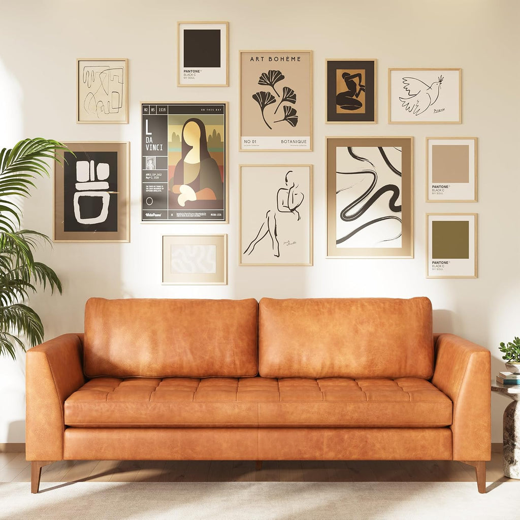 Poly & BARK Calle 90' Sofa Full-Grain Pure-Aniline Italian Leather in Cognac Tan, Solid Wood Legs