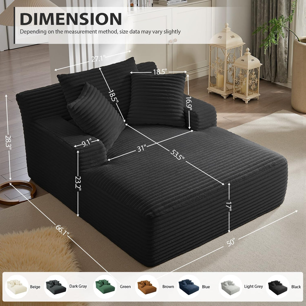 50 Inches Chaise Lounge Indoor, Oversized Chaise Lounge Chair with 3 Throw Pillows and Armrests, Corduroy Upholstered Plush Sofa Bed Lazy Chair Bed Sleeper Chair for Living Room Apartment (Black)