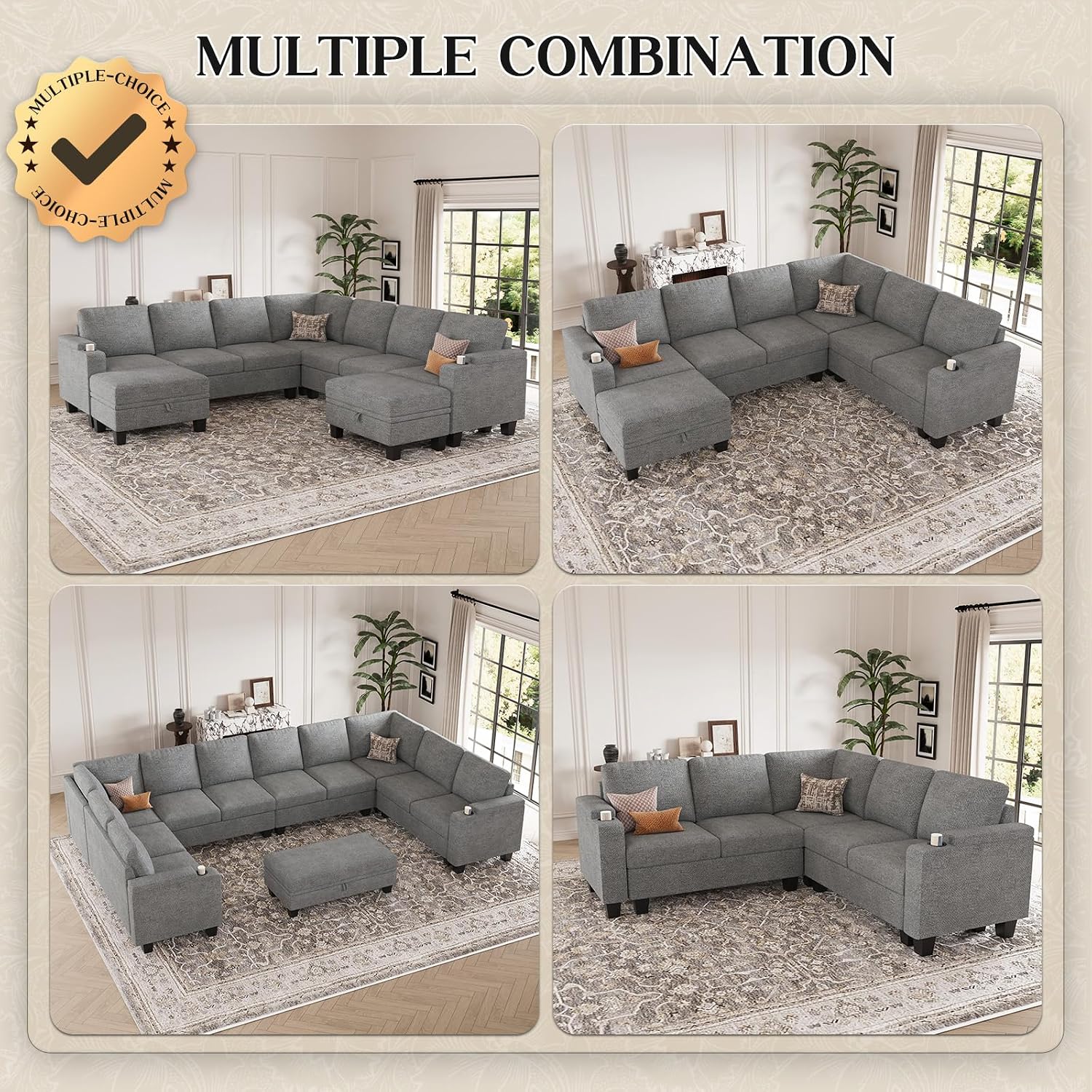 Belffin Modular Sectional Sofa Couch with Storage U Shape Convertible Corner Couches for Living Room Light Grey Couch