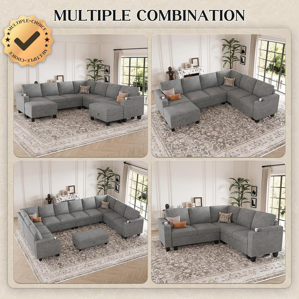 Belffin Chenille Modular Sectional Sofa Convertible L Shaped Corner Couches for Living Room with Storage Armrest with Cup Holder Light Grey Couch