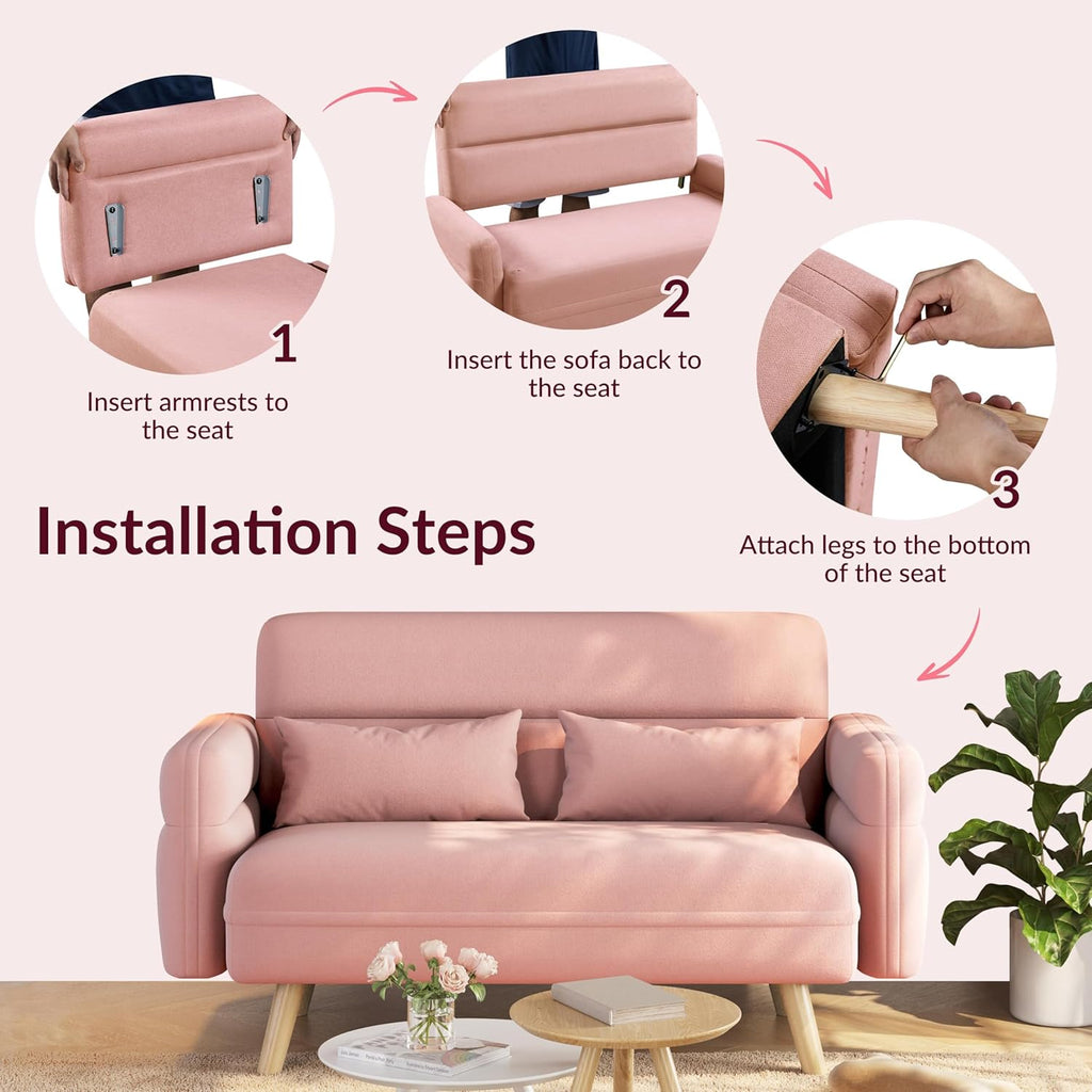Yaheetech 46' Small Modern Fabric Sofa Loveseat Mid Century 2 Seater Sofa Couch with Lumbar Pillows, Solid Wood Legs for Living Room, Small Space, Dorm, Office, Bedroom, Pink