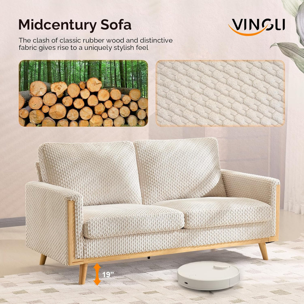VINGLI 68' W Comfortable Mid Century Loveseat, Two Seater Sofa with Spring Support & Solid Wood Frame, Corduroy Fabric Small Couch for Living Room, Small Space, Bedroom, White