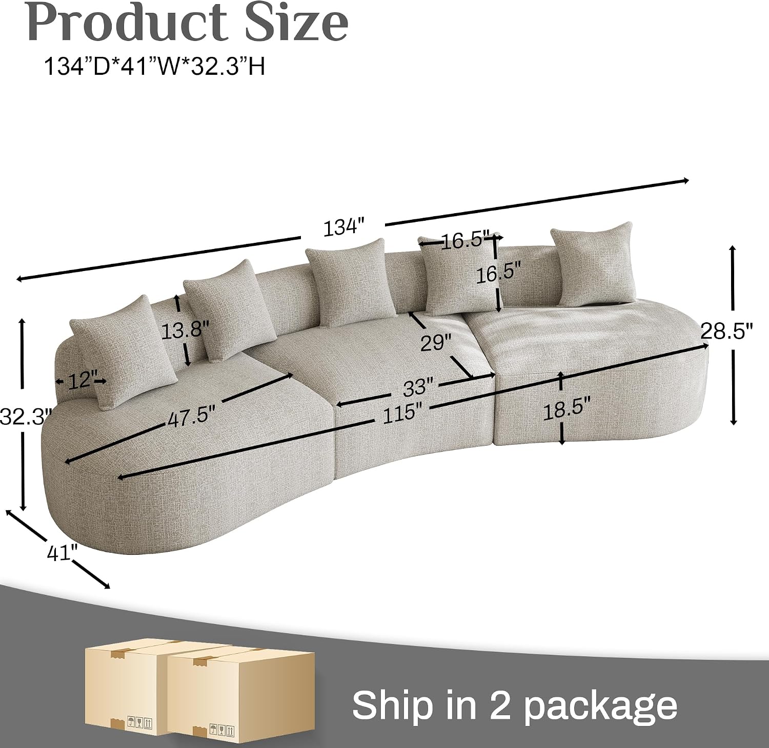 134' Oversized Sectional Sofa for Living Room, Modern Luxury Plush Chenille 4-Seater Extra Deep & Wide Seat Curved Cloud Couch with 5 Throw Pillows, No Assembly Needed, Light Grey