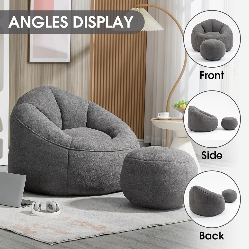Bean Bag Chair for Adult, Microfiber Upholstered Bean Bag Sofa with Petal Back, Shell-Shaped Beanbag Chair with Footstool, Memory Foam Stuffed Lazy Sofa for Living Room, Bedroom (Grey)