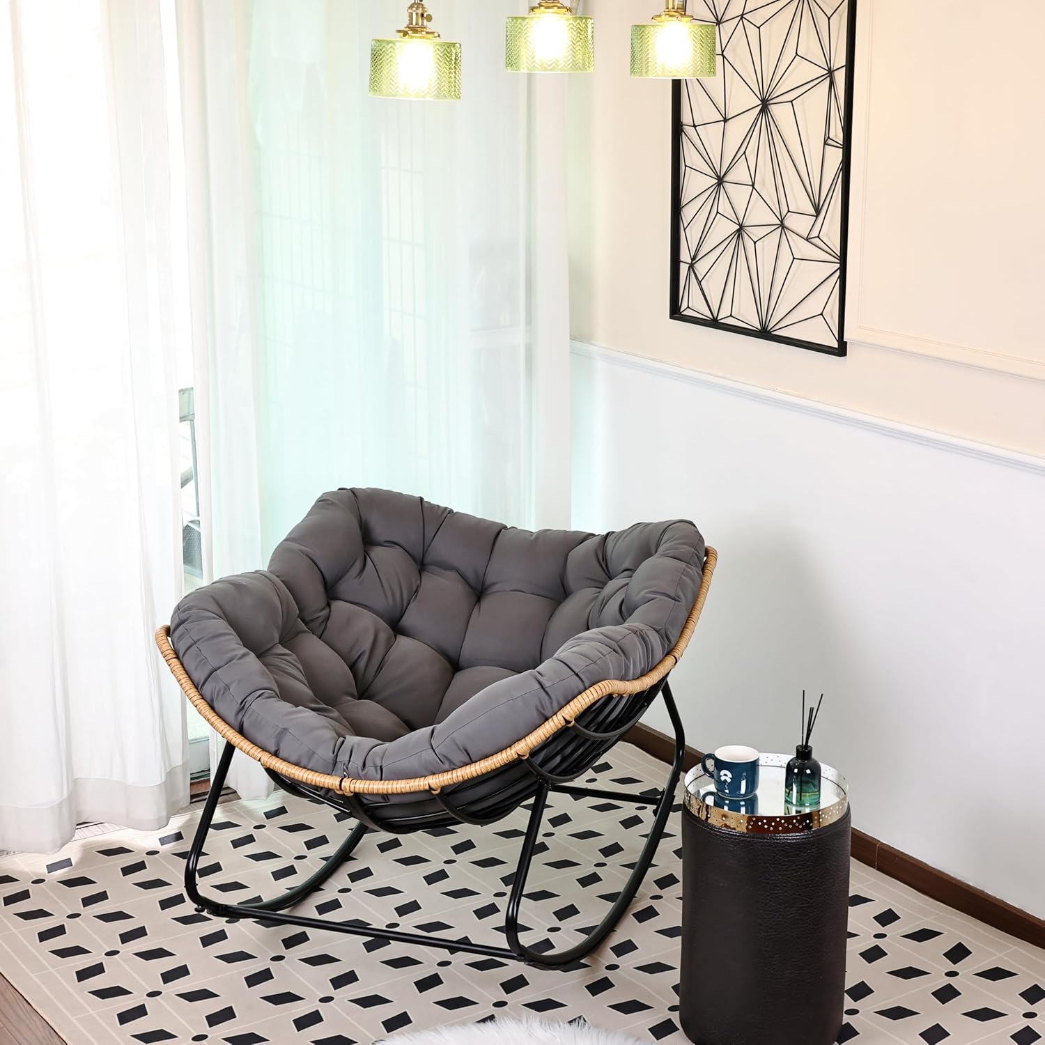 Egg-Shaped Outdoor Rocking Chair, Patio Rocking Chair with Thick Cushion, Modern Indoor Papasan Rocking Chair, Lounge Rocker for Balcony, Living Room, Bedroom, Porch, Lawn, Garden (Dark Grey)