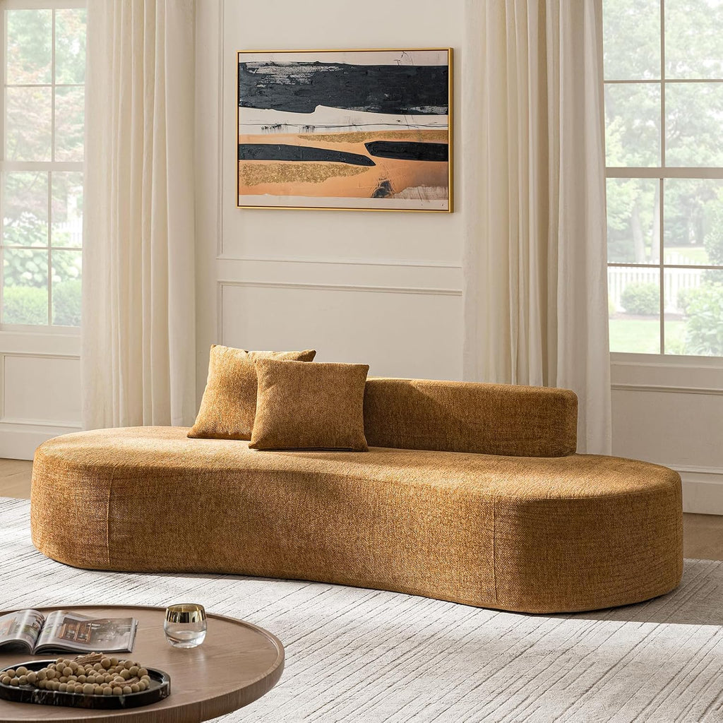 HULALA HOME 94.5' Curved Boneless Couch with Two Pillows, Oversized 3 Seater Compressed Foam Sofa with Deep Seat, Modern Cloud Couch for Living Room, No Assembly Required, Golden