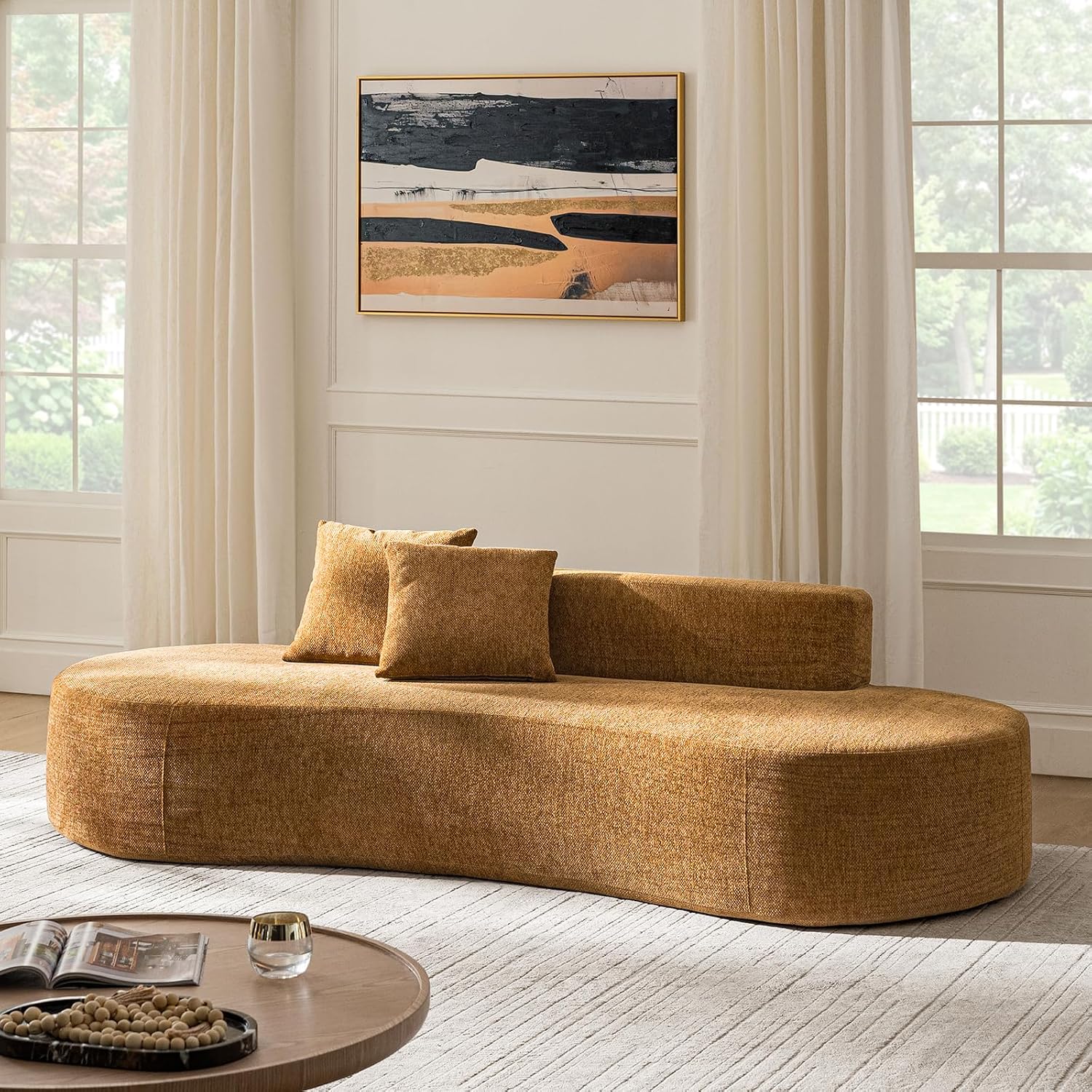 HULALA HOME 94.5' Curved Boneless Couch with Two Pillows, Oversized 3 Seater Compressed Foam Sofa with Deep Seat, Modern Cloud Couch for Living Room, No Assembly Required, Golden