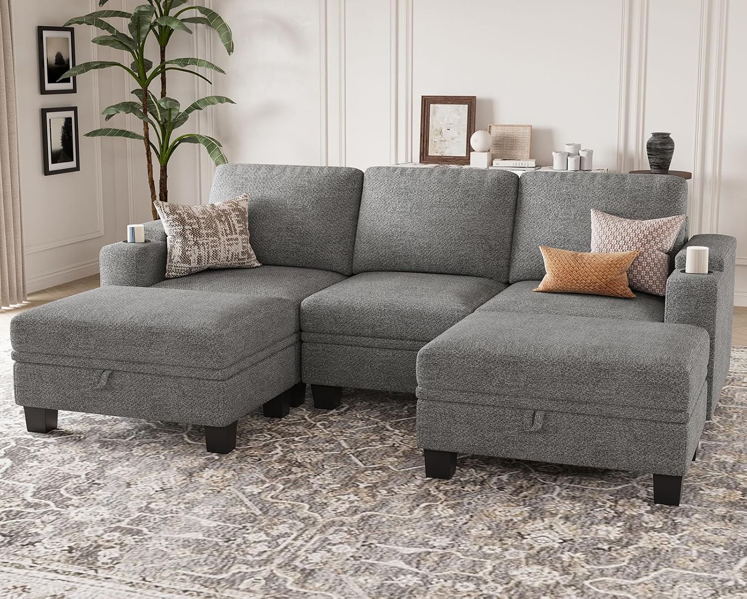 Belffin Small Corner Modular Sectional Couches for Living Room U Shaped Couch with Cup Holder Light Grey Couch