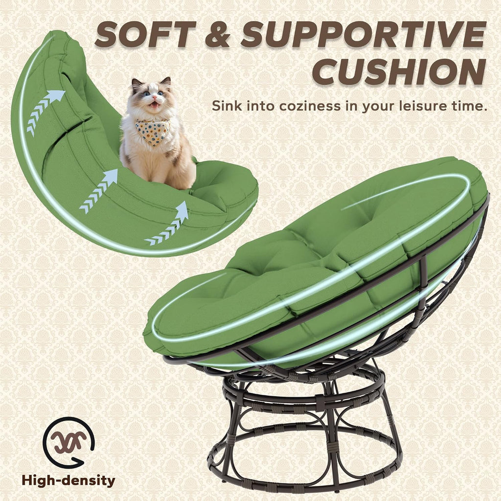 46'' Large Size Papasan Chair (Non-Swivel) with Cushion and Frame, Lazy Chair for Living Room and Bedroom, Green