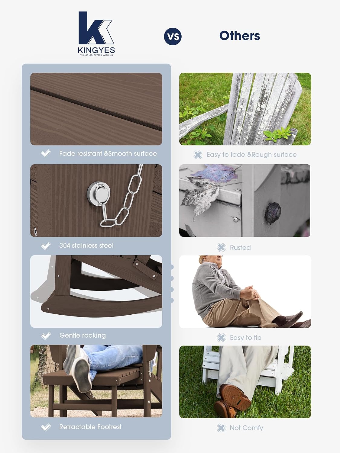 KINGYES Adirondack Rocking Chair with Retractable Ottoman and Cup Holders, HDPE Adirondack Rocker Patio Rocking Chair for Porch, Patio, Balcony, Coffee Brown