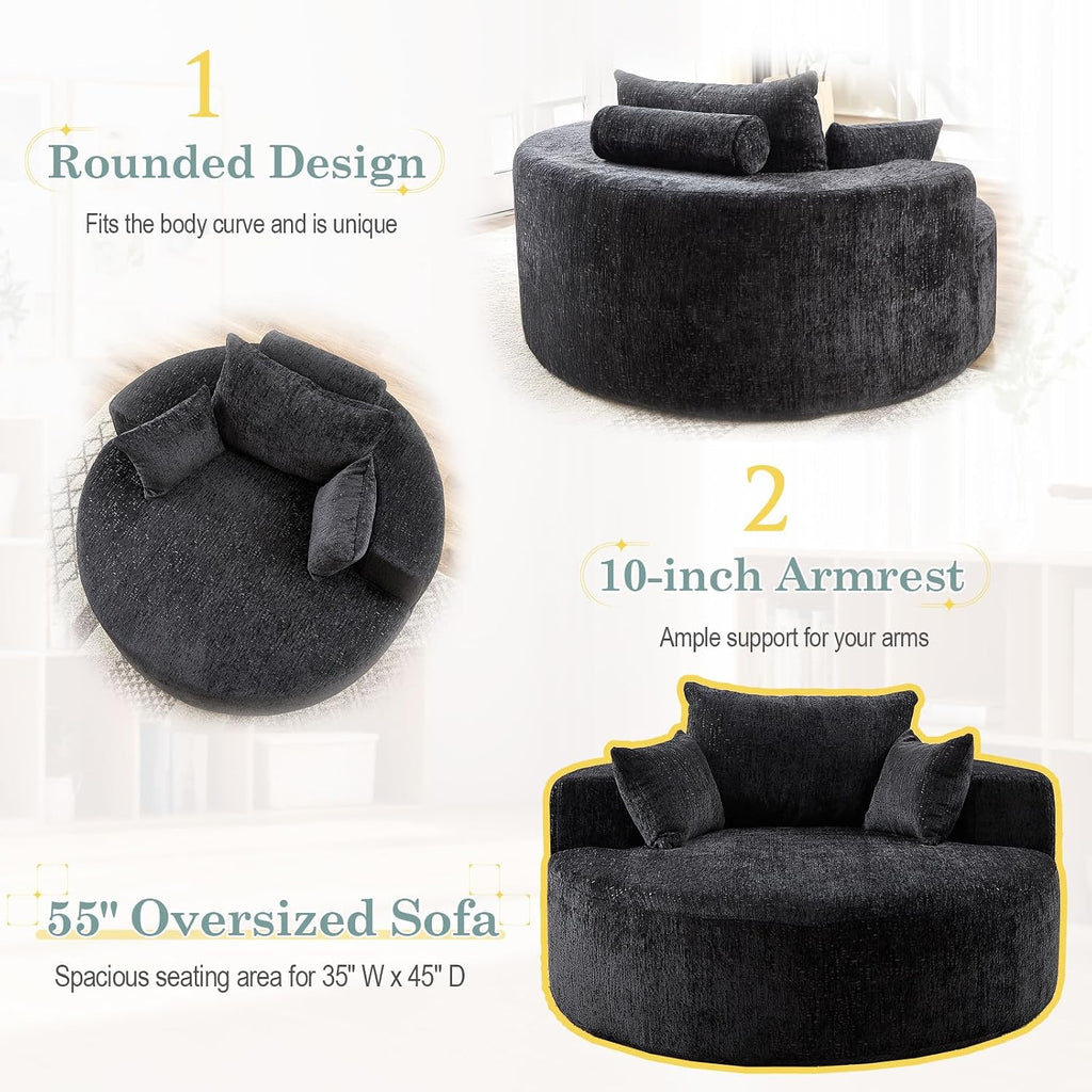 Oversized Round Chaise Longue Chair Indoor, Modern 55-inch Upholstered Chenille Deep Seat Circle Single Cloud Lounge Floor Sofa Chair for Living Room, Bedroom Apartment, Black