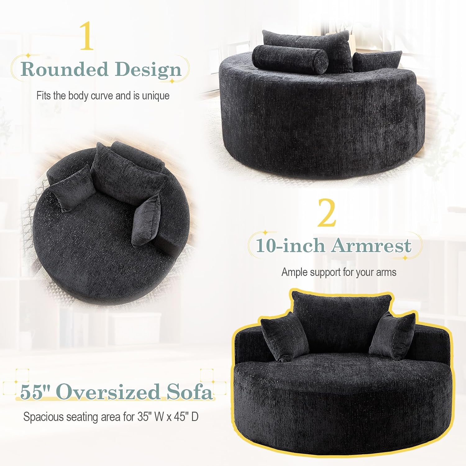 Oversized Round Chaise Longue Chair Indoor, Modern 55-inch Upholstered Chenille Deep Seat Circle Single Cloud Lounge Floor Sofa Chair for Living Room, Bedroom Apartment, Black