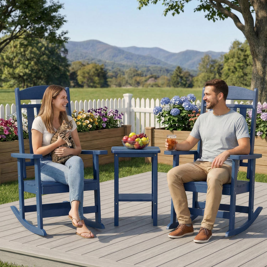 FOOWIN Outdoor Rocking Chair Set of 2, High Back Patio Rocking Chair, HDPE All Weather Resistant Porch Rocker for Adult, Oversized Rocking Chairs for Garden, Lawn, Indoor & Outdoor Use, Navy Blue