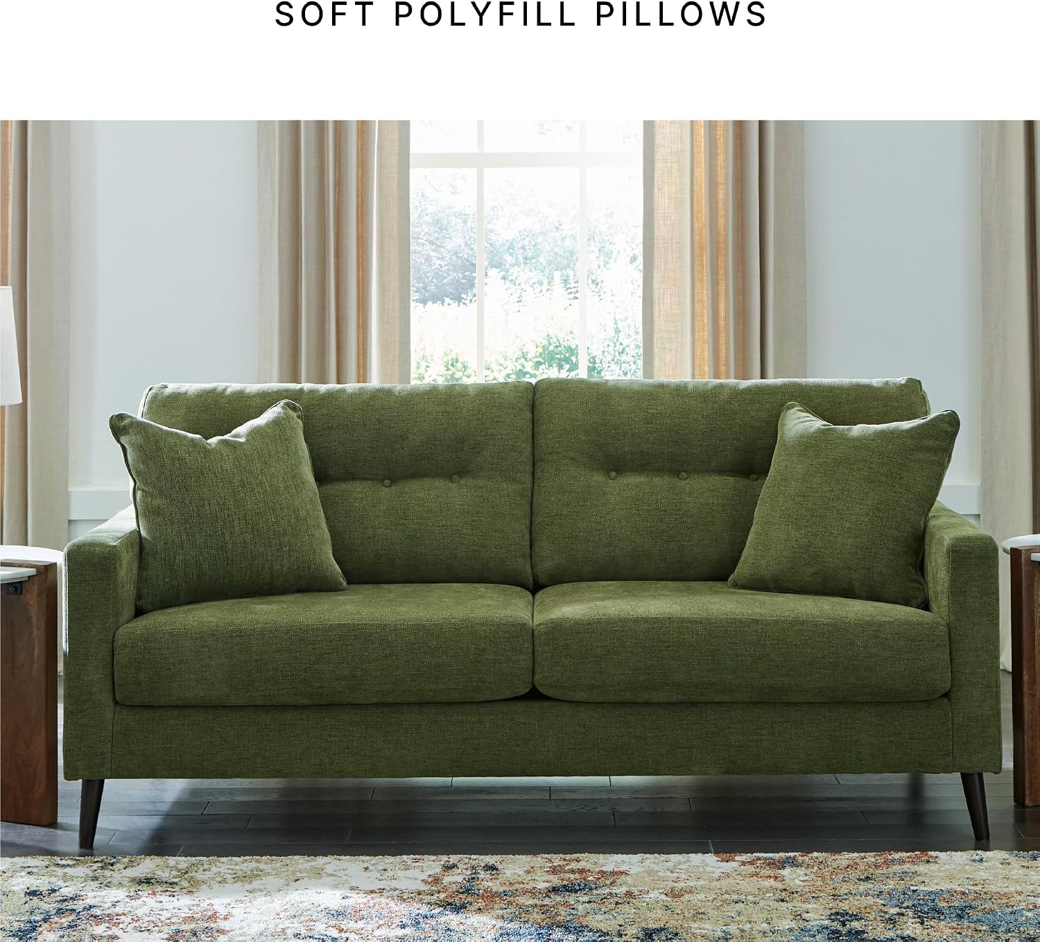 Signature Design by Ashley Bixler Sofa, Mid-Century Modern Sofa with Button-Tufted Back, Durable Foam Cushions, Platform Foundation Support, Polyester Blend Upholstery, Olive