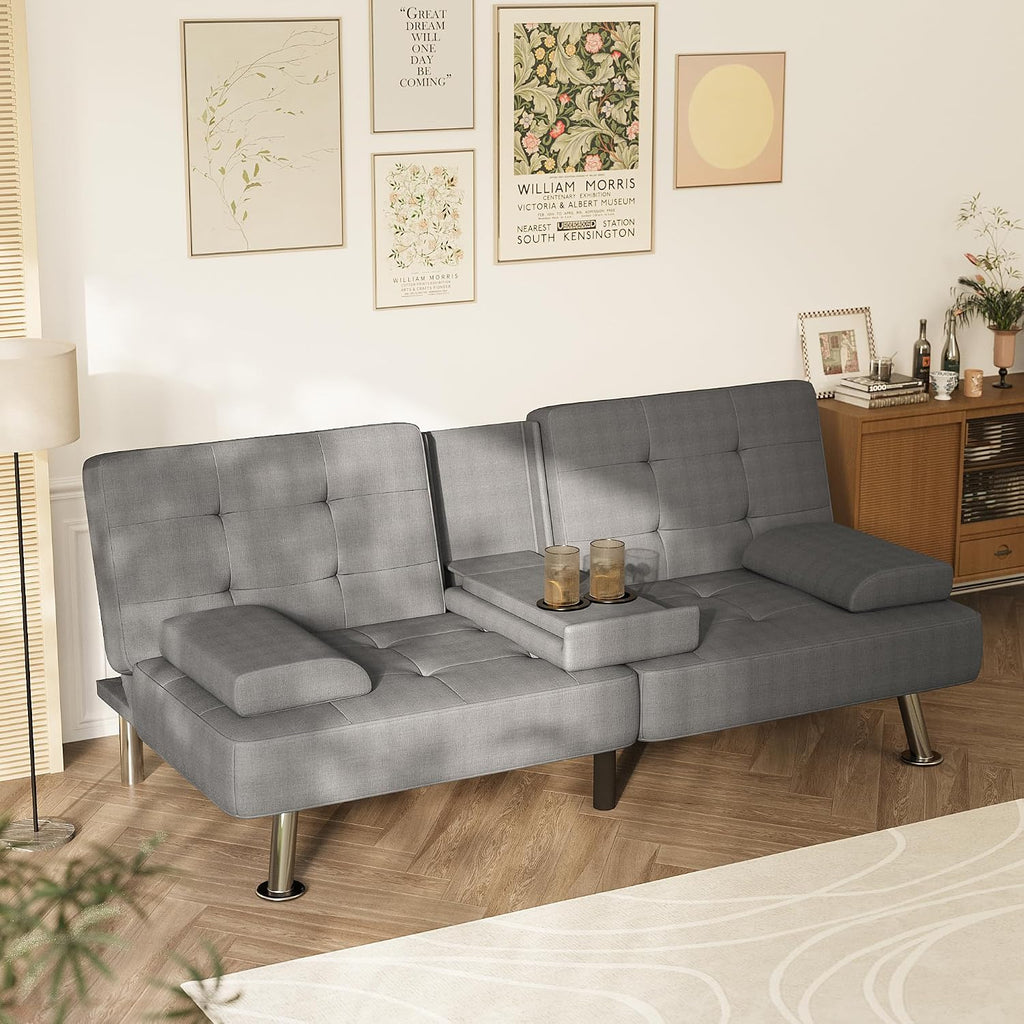 Homall Futon Sofa Bed, Futon Couch with Removable Armrests, Adjustable Recliner Sleeper Sofa Bed with Dual Cup Holders for Living Room, Apartment, Office (Fabric, Light Grey)