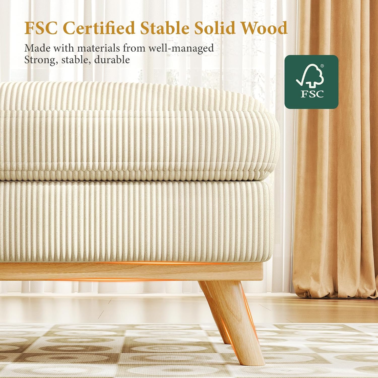 Vesgantti Large Ottoman for Modular Sofa, 29.5' Corduroy Pouf Ottoman with Spring Cushion, Rectangle Foot Rest for Couch, Entrance Footstool with Wood Legs, Footstool for Living Room, Bedroom, Beige