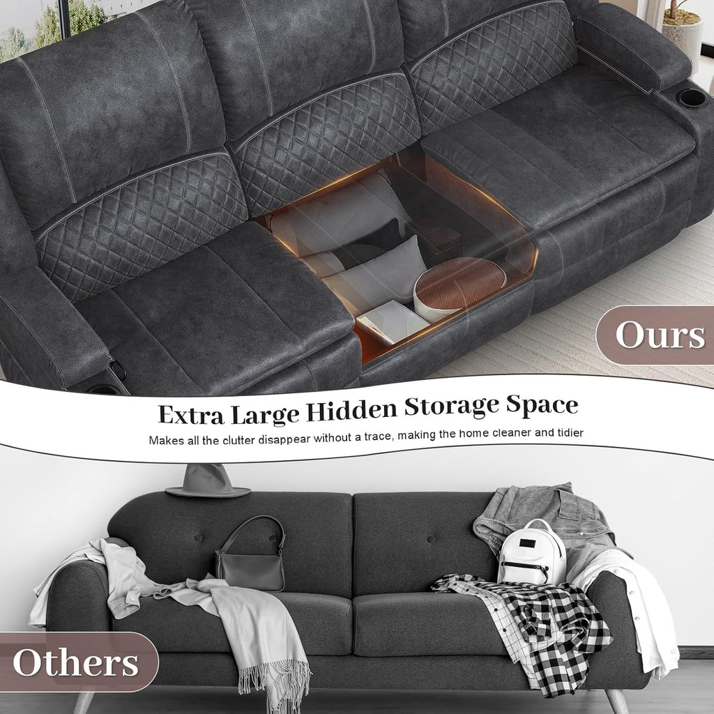 Yolsali 3-Seater Recliner Sofa, Manual Reclining Couch with Multi-Functional Middle Seat, Reclining Sofa for Living Room with Hidden Storage Space, Cup Holders, and Removable Console - Velvet Grey